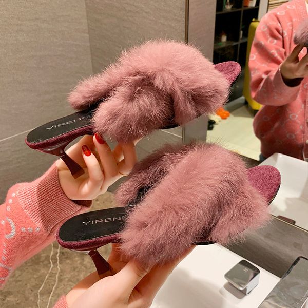 

eoeodoit women high heels slippers outside fashion fur slides pumps open toe stiletto heel casual autumn spring shoes  cm, Black