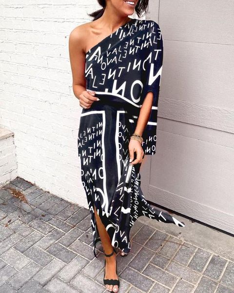 

casual dresses one shoulder letter print long dress women summer, Black;gray