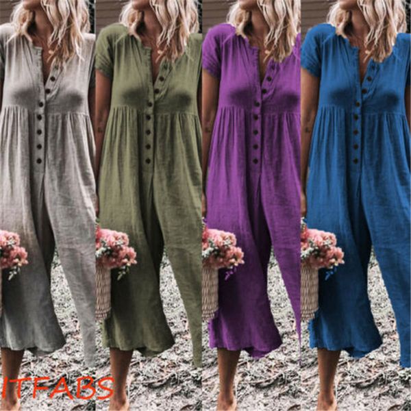 

womens button summer jumpsuit ladies solid short sleeve jumpsuit 2019 elegant woman playsuit casual loose rompers trousers, Black;white