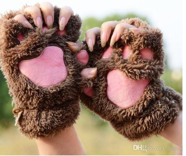 

cat claw gloves winter cute cartoon cat girl open finger gloves thickened fluffy bear paw half finger gloves, Blue;gray