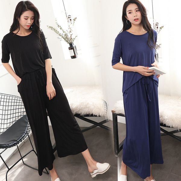 

summer women black pajama set two-piece set women loose sleepwear wide leg pant suits cotton short sleeve homewear large size, Blue;gray
