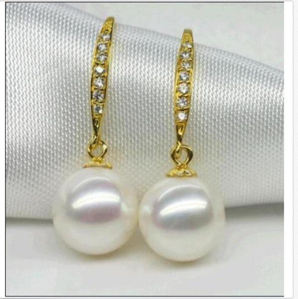 

charming pair 10-11mm south sea round white pearl earring 925s, Golden;silver