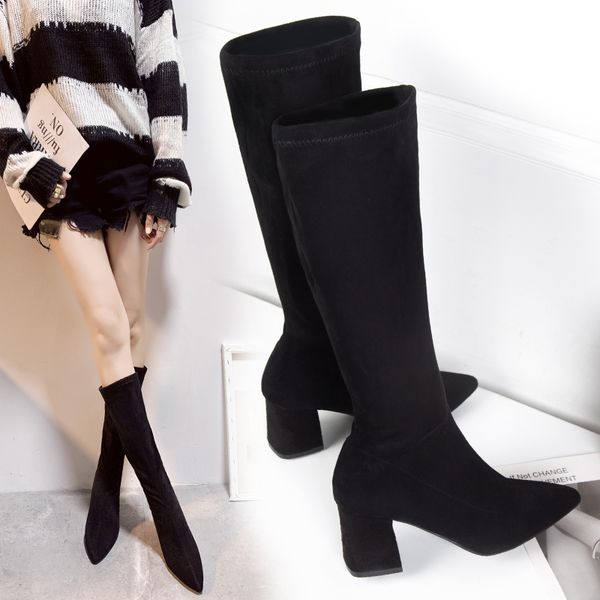 

nice new knee high flock boots women autumn pointed toes casual shoes for woman high heels mature female comfort concise boot, Black
