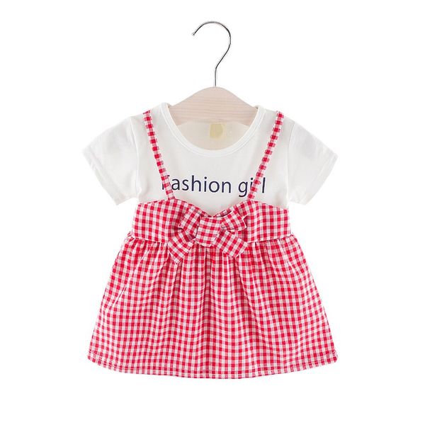 

summer baby kids girls dress princess dresses fashion fake two-piece plaid dress, Red;yellow
