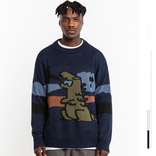 

tide brand autumn and winter couple men and women sweater retro cartoon dinosaur loose men's sweater, White;black