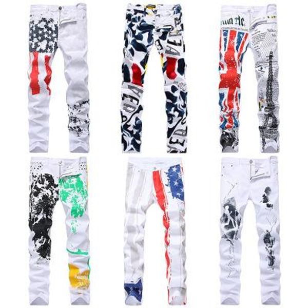 

spring and summer men's jeans straight tube trend printing pants casual fit elastic large pants splash ink pants, Blue