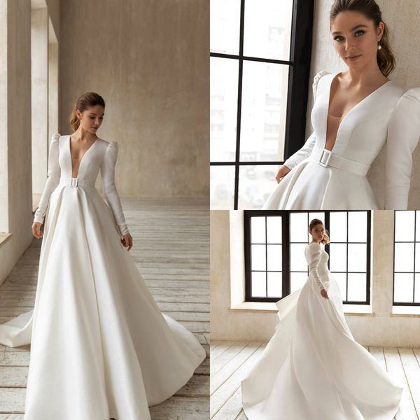 

2021 new modest wedding dresses deep v neck satin long sleeve bohemian wedding dress custom made sweep train robes de mariÃ©e, White