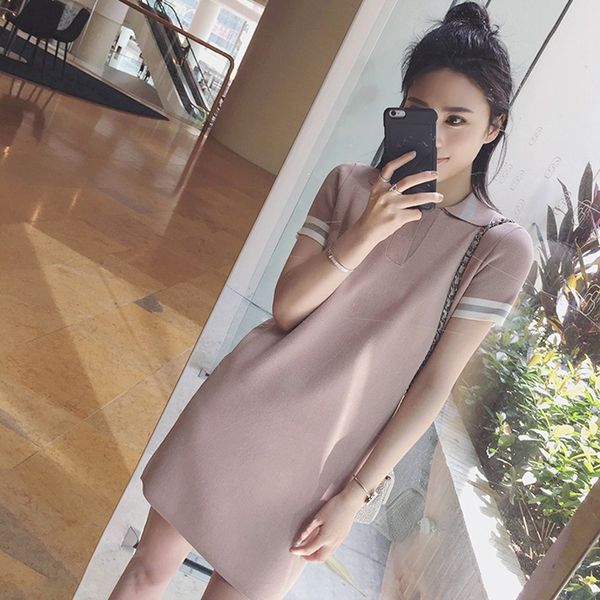 

casual dresses summer short sleeve straight knitted mini dress women's turn-down collar shirt x, Black;gray