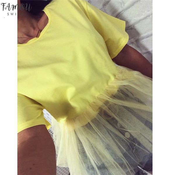 

women tulle patchwork short sleeve mesh tee 2020 ladies crew neck party loose casual t shirt clubwear tees, White