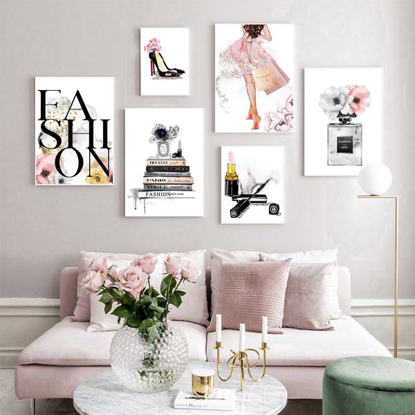 

fashion book canvas poster paris perfume wall art makeup posters lipstick painting girl high heels pink wall pictures home decor
