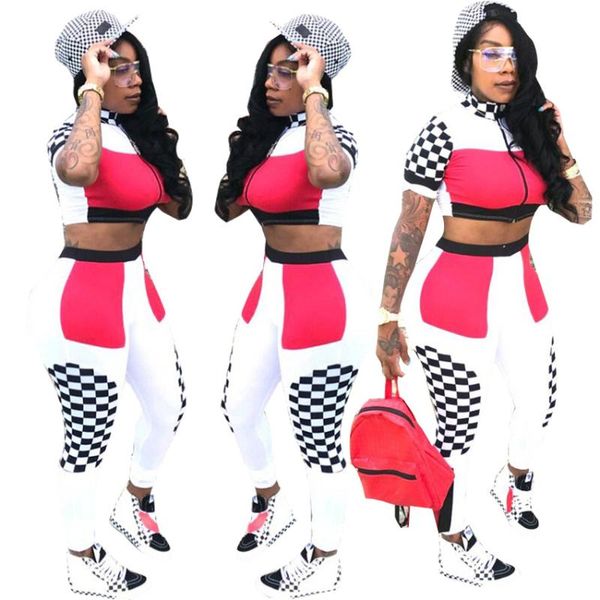 

contrast color casual 2 piece set double side black white plaid front zip short sleeve crop &long slim fit pant outfitsld601, Gray