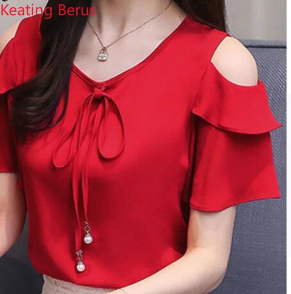 

2019 fashion bow v-neck sweet women's clothing summer short sleeve chiffon women shirt blouses red women's blusas 1322, White