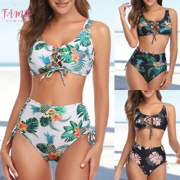 

women swimsuits 2pcs bikini sets floral print swimwear lace up bandage padded brazilian biquini high waist bikinis, White;black