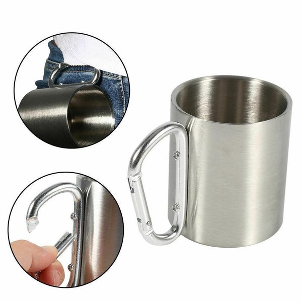 

220ml 300ml 350ml 450ml stainless steel cup camping traveling outdoor cup with carabiner hook handle outdoor car mugs cca11713 25pcs