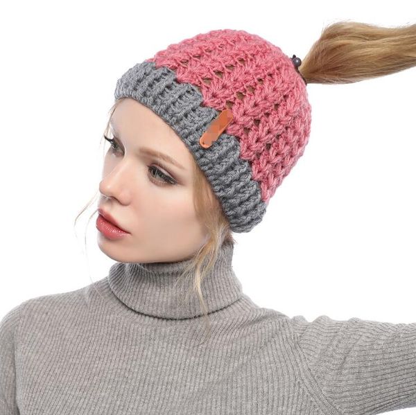 

woman knit ponytail hat fashion warm winter solid color crochet skull cap kids outdoor party beanie hats a0065, Blue;gray