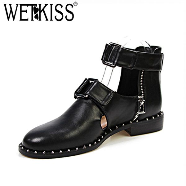 

wetkiss rivet metal decoration zipper buckle round toe footwear fashion handmade shoes women new low heels summer ladies boot, Black