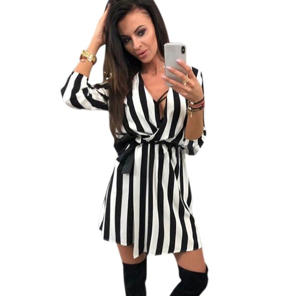 

women v-neck striped dress fashion summer black white striped beach party dress with belt black, Black;gray
