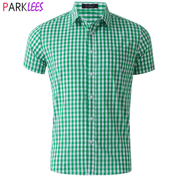 

green gingham plaid shirt men 2020 brand new short sleeve regular fit mens dress shirts casual button up checkered shirt male, White;black