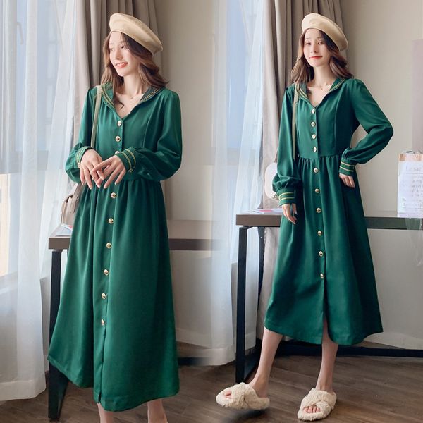 

green maternity long-sleeved turn-down collar single-breasted dress autumn pregnant women empire party dress, White