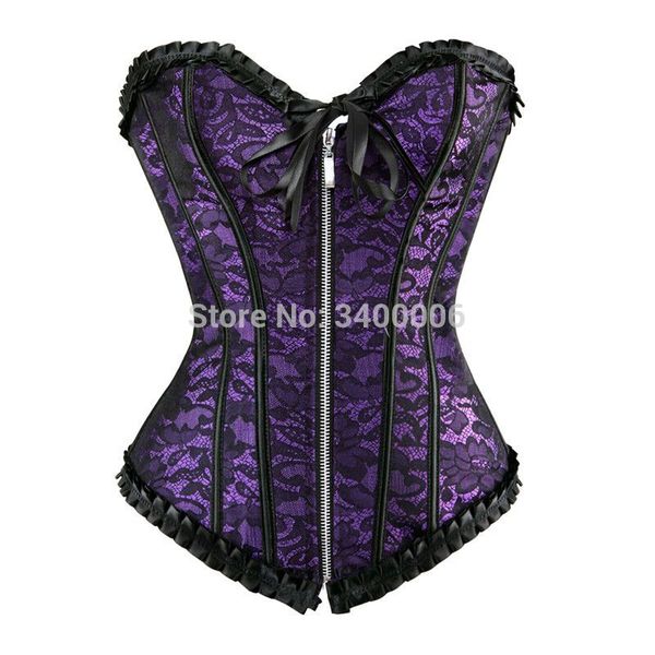 

women's overbust corsets with zipper front lingerie basque satin flower print bustier vintage korseexotic style plus size, Black;white