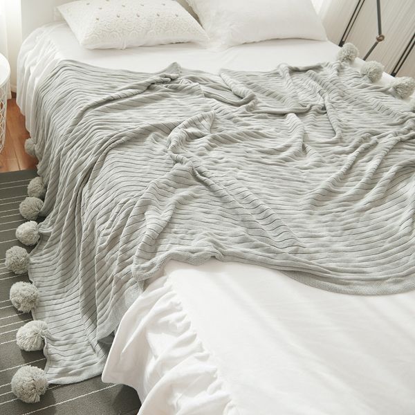 

japan style soft cotton throw blanket striped knitted blanket home sofa bed blankets with decorative ball 5 colors