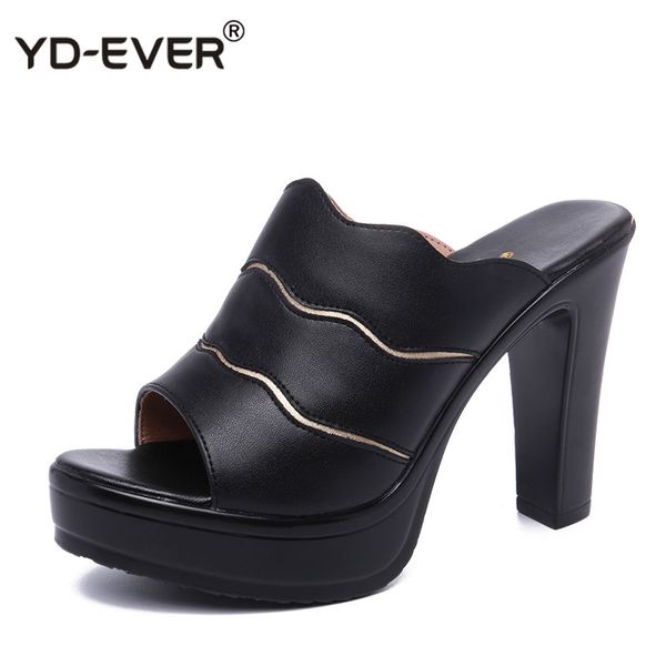 

open toe leather platform shoes woman summer slippers high heels slides ladies office slipper white plus size, Black