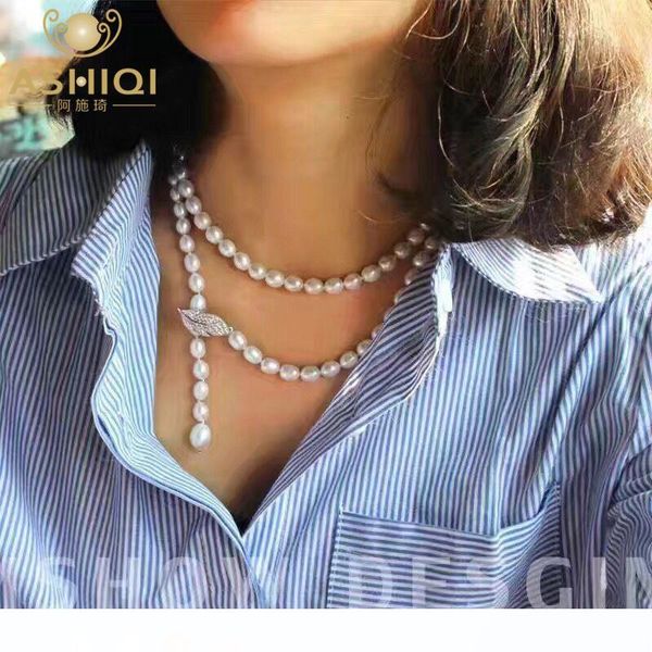 

ashiqi 90см выращенный природные пресной воды жемчужное ожерелье 925 серебро длинный свитер цепи мода коллокация украшения женщины подарок c, Golden