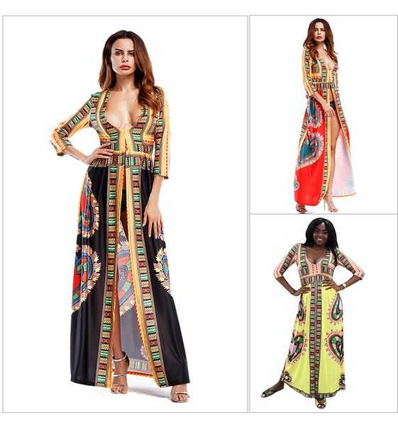 

womens african bohemain dresses split designer flora print v neck long sleeve female clothing casual apparel, White;black