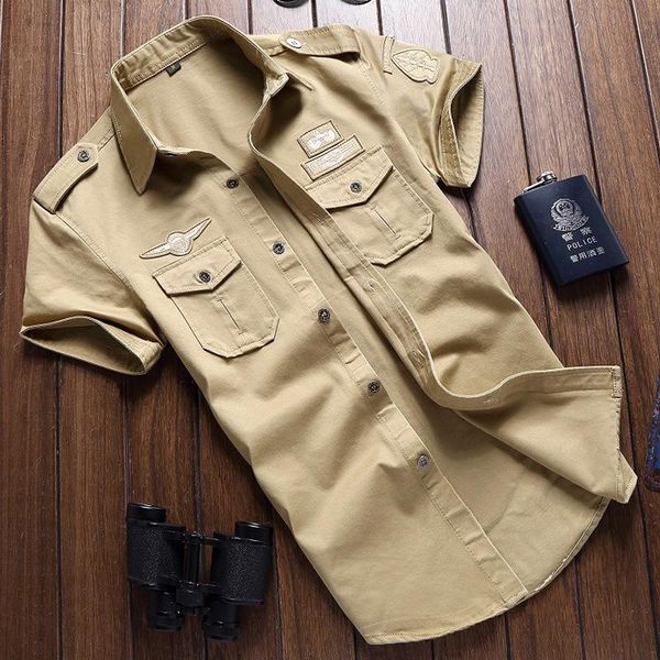 

regular men 's cotton cargo shirts casual solid short sleeve work brand pilot shirt military camouflage chemise super plus size, White;black