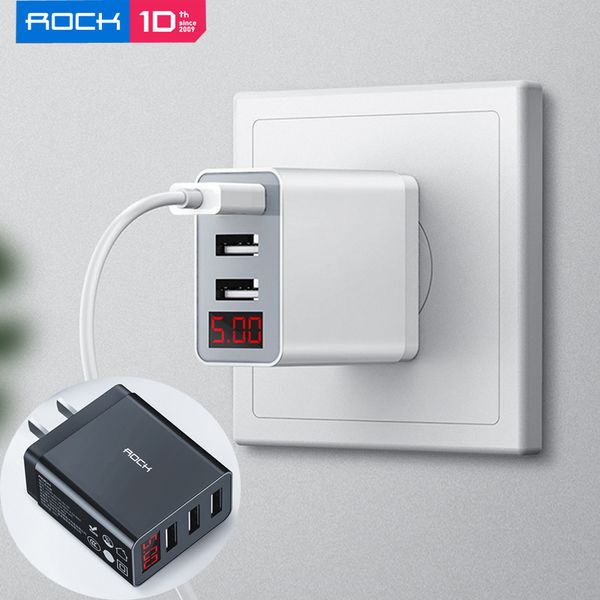 

t14 pro 3 ports travel charger rock 2.4a smart digital display fast charge phone charger for iphone samsung