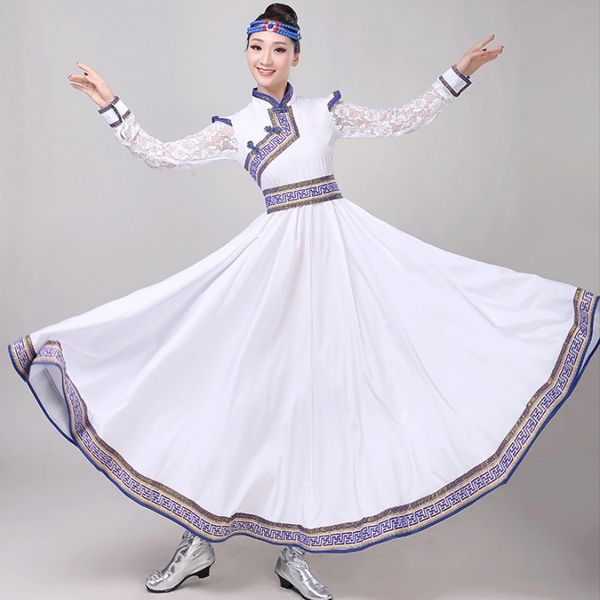 

mongolian festival dance costume blue and white porcelain stage wear princess long dress folk dancing gown carnival fancy apparel, Black;red