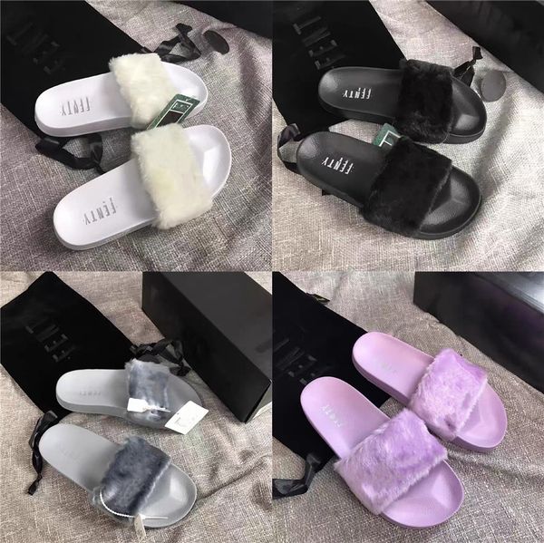 

summer women fur slippers plush faux fox hair slides ladies rainbow color flat ffy flip flops fashion open toe beach sandals#178, Black