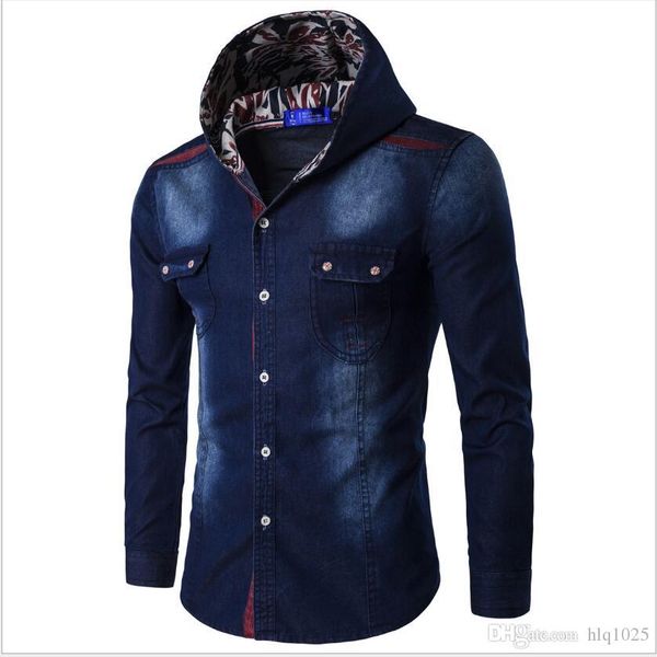 

spring and autumn shirt men's fashion casual denim shirt men's hooded denim long sleeve shirt, White;black
