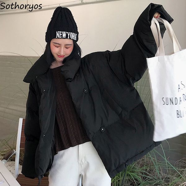 

short parkas women winter thicken puffer-coats stand-collar balck pockets korean style outwear womens fashion warm simple chic, Black