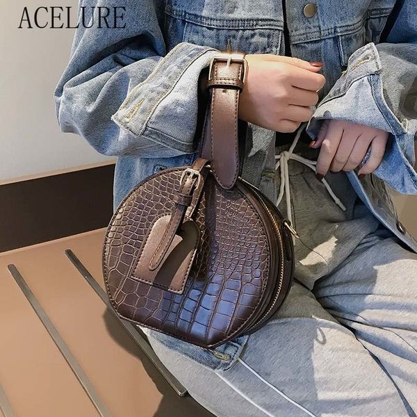 

acelure round pu leather crossbody bags for women mini solid color totes female shoulder messenger bag lady handbags purse flap