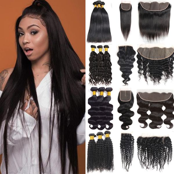 

straight human hair weave bundles unprocessed brazilian virgin hair bundles with closure body deep wavter kinky hair extensions and frontal, Black;brown
