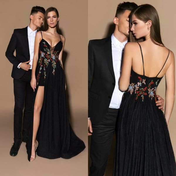 

black mermaid evening dresses v neck appliqued beaded sleeveless prom dress backless high side split ruffle sweep train formal party gown, Black;red