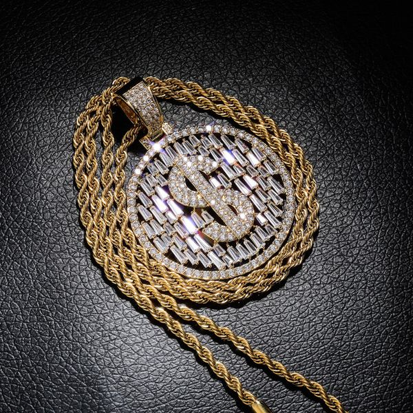 

hip hop iced out dollar sign round pendant necklace micro paved cubic zircon mens real gold color plated jewelry gift, Silver