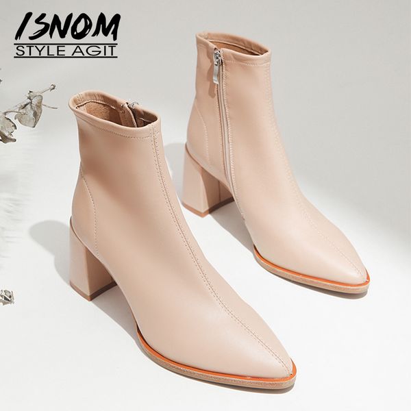 

isnom sheepskin boots women ankle booties pointed toe fashion shoes female zip high heels party shoes ladies spring pink 2020 mx200324, Black