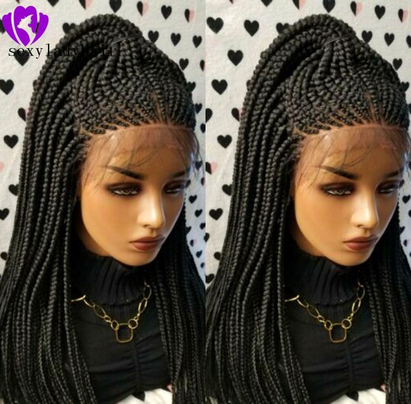 200density full Black Lace front cornrow perucas de alta temperatura fibra de cabelo sintético rendas front peruca longa trançada box tranças perucas para mulheres