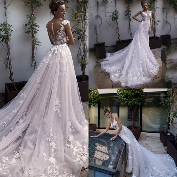 

gorgeous lace mermaid 2019 wedding dresses bridal gowns with detachable train sheer v neck appliqued customized robe de marriage, White