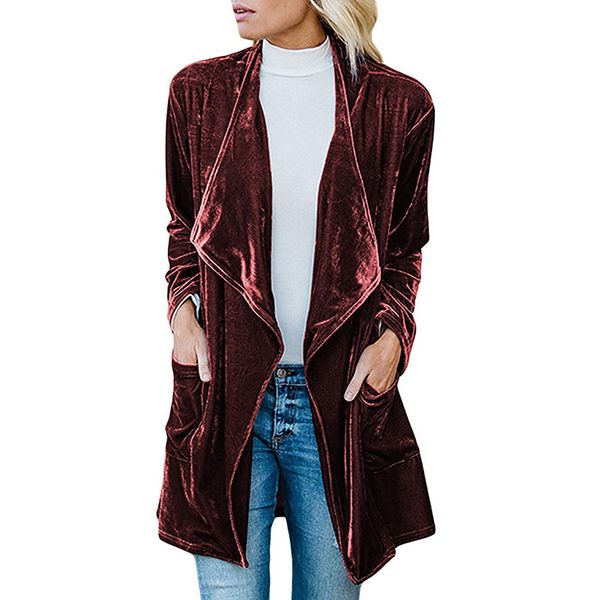 

trench coat women autumn winter solid color long sleeve casual wild gold velvet long cardigan coat, Tan;black