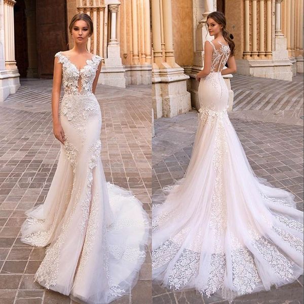 

2019 Gorgeous Mermaid Lace Wedding Dresses Sheer V Neck Cap Sleeves Bohemian Bridal Gowns Appliqued Plus Size Vestidos De Nnovia