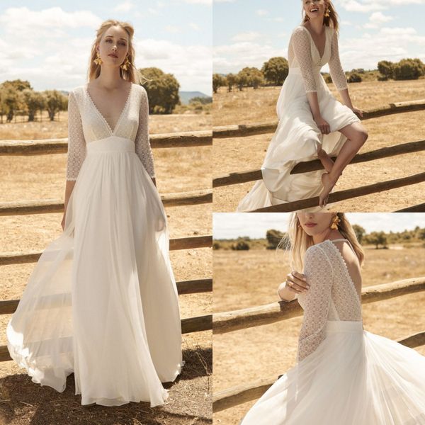 2020 Modest Rembo Styling Bohemian Scollo a V Manica lunga 3/4 Backless Abiti da sposa Pizzo Tulle Abito da sposa Sweep Train robe de mari￩e