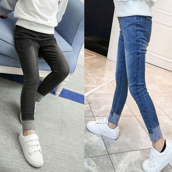 

2019 children's wear big children's jeans girls spring and autumn denim casual cotton stretch pants korean version of the tide, Blue