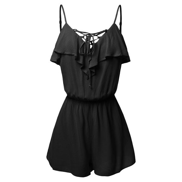 

women's large size casual sleeveless overlap front frill detail jumpsuit women's summer brief overalls elegant boho vintage, Black;white