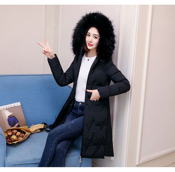 

winter jacket women down coat female 2019 long slim solid color female jackets zip fur collar women down jacket 2xl, Black