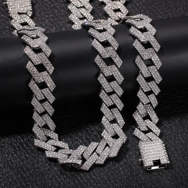 

2020new color 20mm prong cuban link chains necklace fashion hiphop jewelry 3 row rhinestones iced out necklaces for men, Silver
