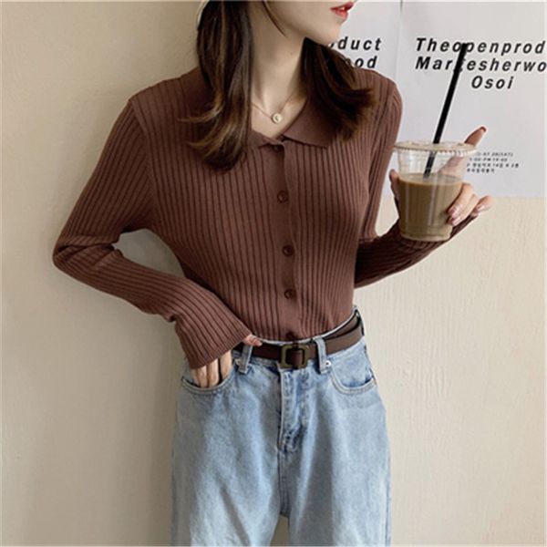 

women knitted new fashion button turn-down collar spring autumn sweater solid knitted pullover femme slim sweater pz2436, White;black