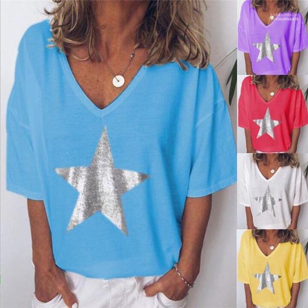 

womens tshirts summer loose short sleeve ladies female tees star print v neck designer, White